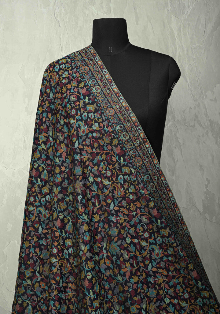 Blue Meenakari Floral Brocade Jaal Cashmere Fine Wool Full Shawl for Men & Women