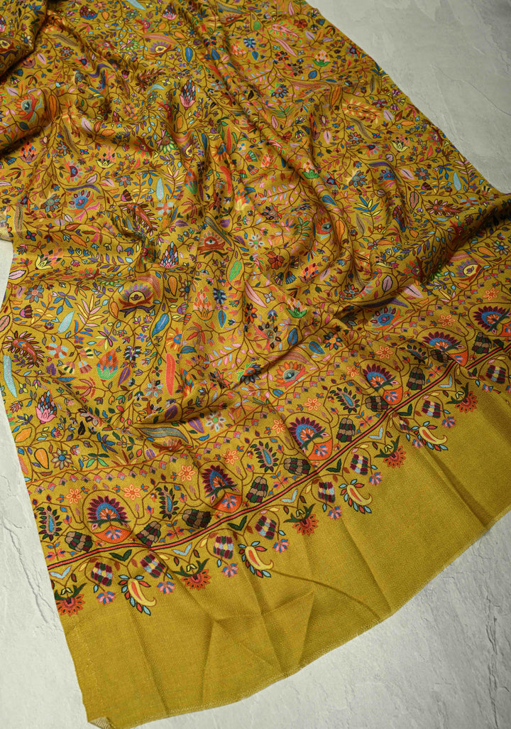 His & Her Yellow Floral Meenakari Jaal Stole & Yellowish Green Cashmere Fine Wool Stole - Luxury Anniversary, Wedding & Return Gift SizeSize 30 x 83