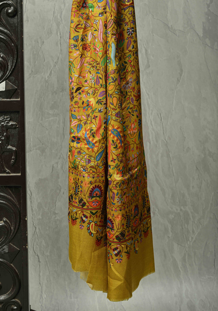 His & Her Yellow Floral Meenakari Jaal Stole & Yellowish Green Cashmere Fine Wool Stole - Luxury Anniversary, Wedding & Return Gift SizeSize 30 x 83