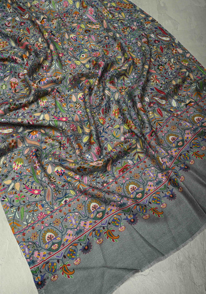 His & Her Gray Floral Meenakari Jaal  on Stole & Turquoise Cashmere Fine Wool Stole - Luxury Anniversary, Wedding & Return Gift Size 30 x 80