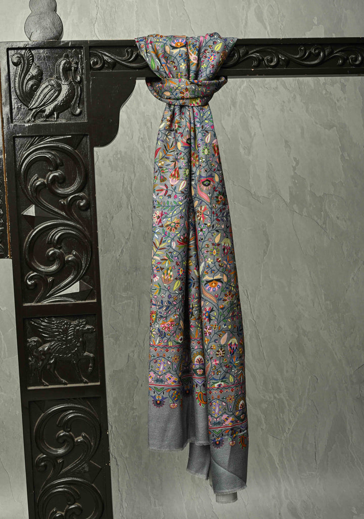 His & Her Gray Floral Meenakari Jaal  on Stole & Turquoise Cashmere Fine Wool Stole - Luxury Anniversary, Wedding & Return Gift Size 30 x 80