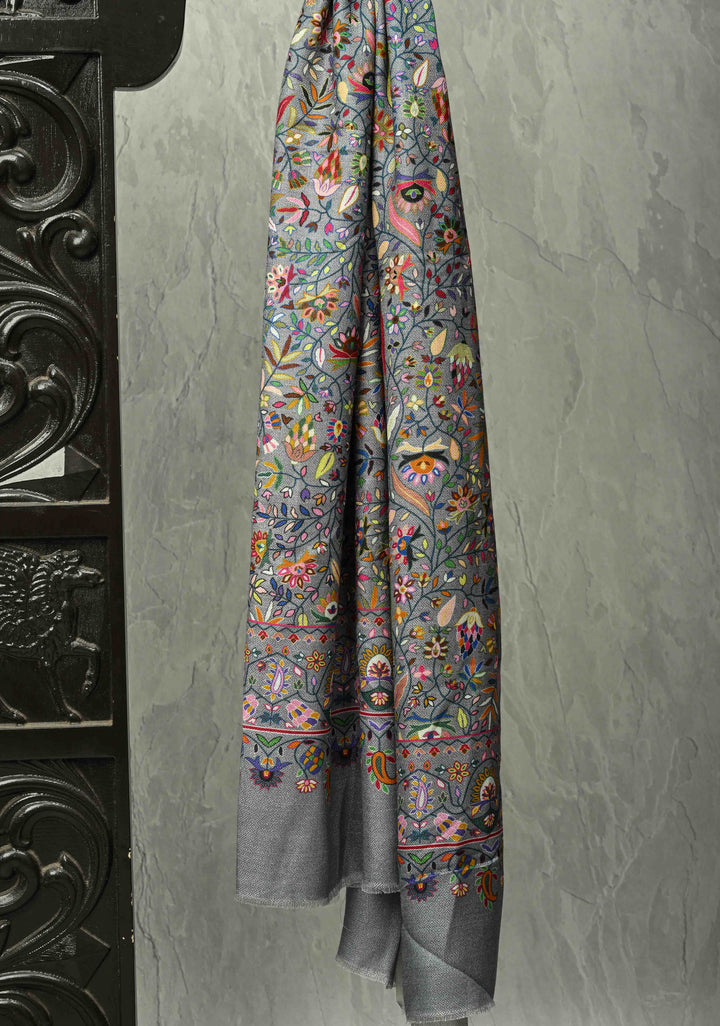 His & Her Gray Floral Meenakari Jaal  on Stole & Turquoise Cashmere Fine Wool Stole - Luxury Anniversary, Wedding & Return Gift Size 30 x 80