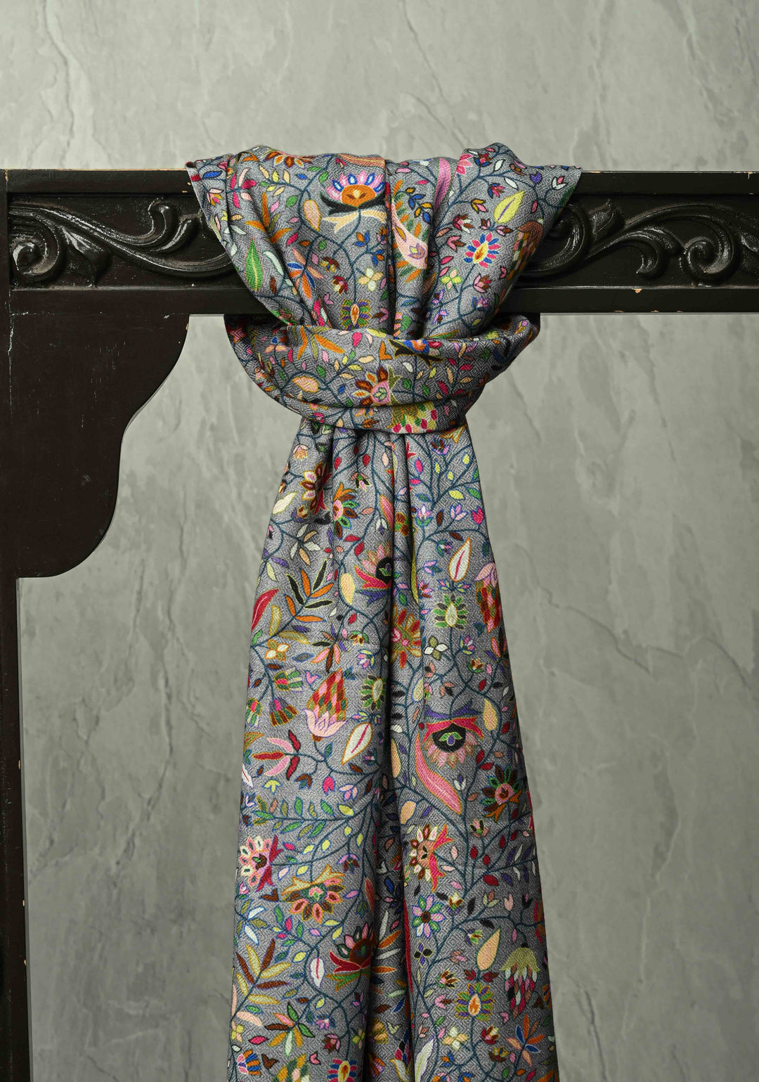His & Her Gray Floral Meenakari Jaal  on Stole & Turquoise Cashmere Fine Wool Stole - Luxury Anniversary, Wedding & Return Gift Size 30 x 80