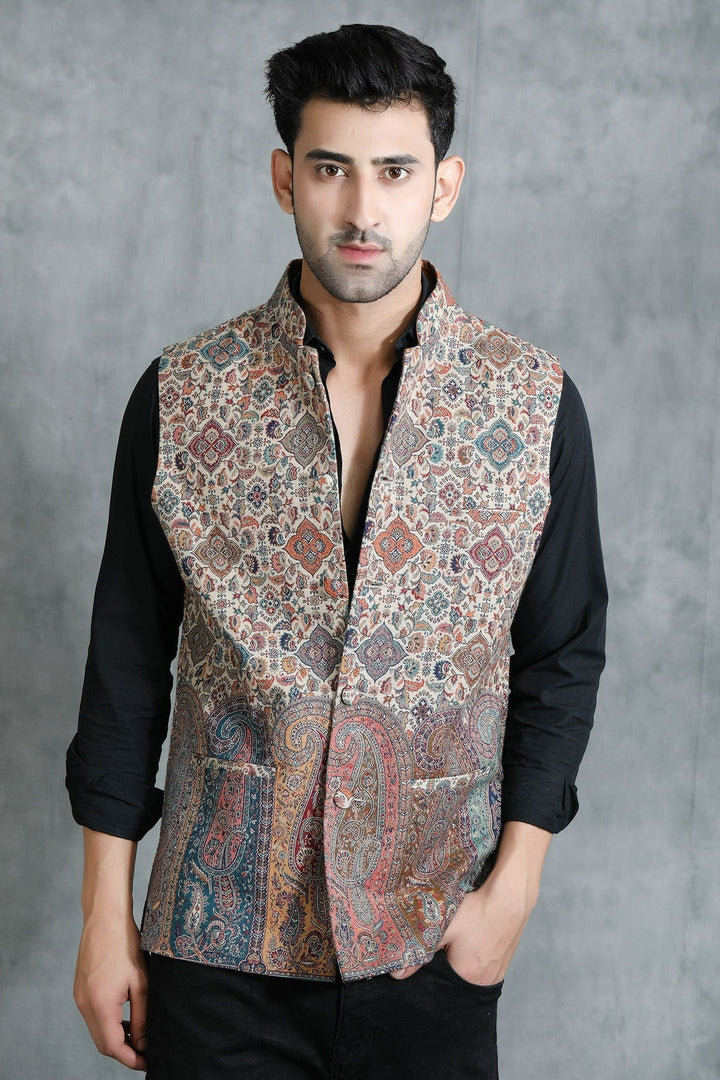 Vintage Kani Mens' Waist Coat/Bandi With Paisley Design | SHOBITAM