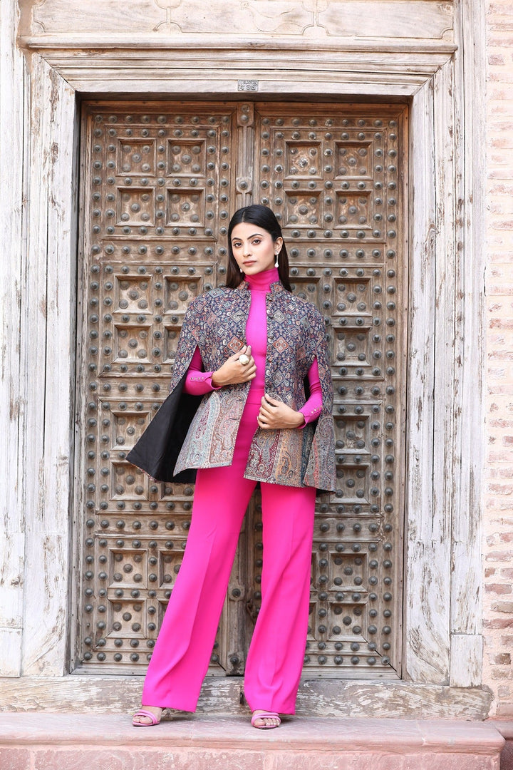 Blue Cape Jacket With Paisley Design | SHOBITAM