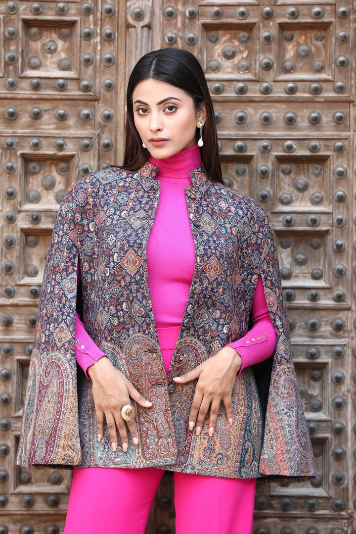 Blue Cape Jacket With Paisley Design | SHOBITAM