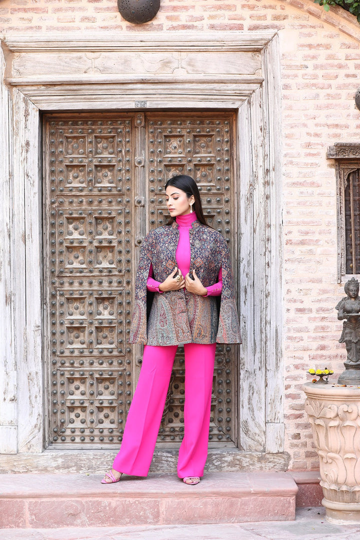 Blue Cape Jacket With Paisley Design | SHOBITAM