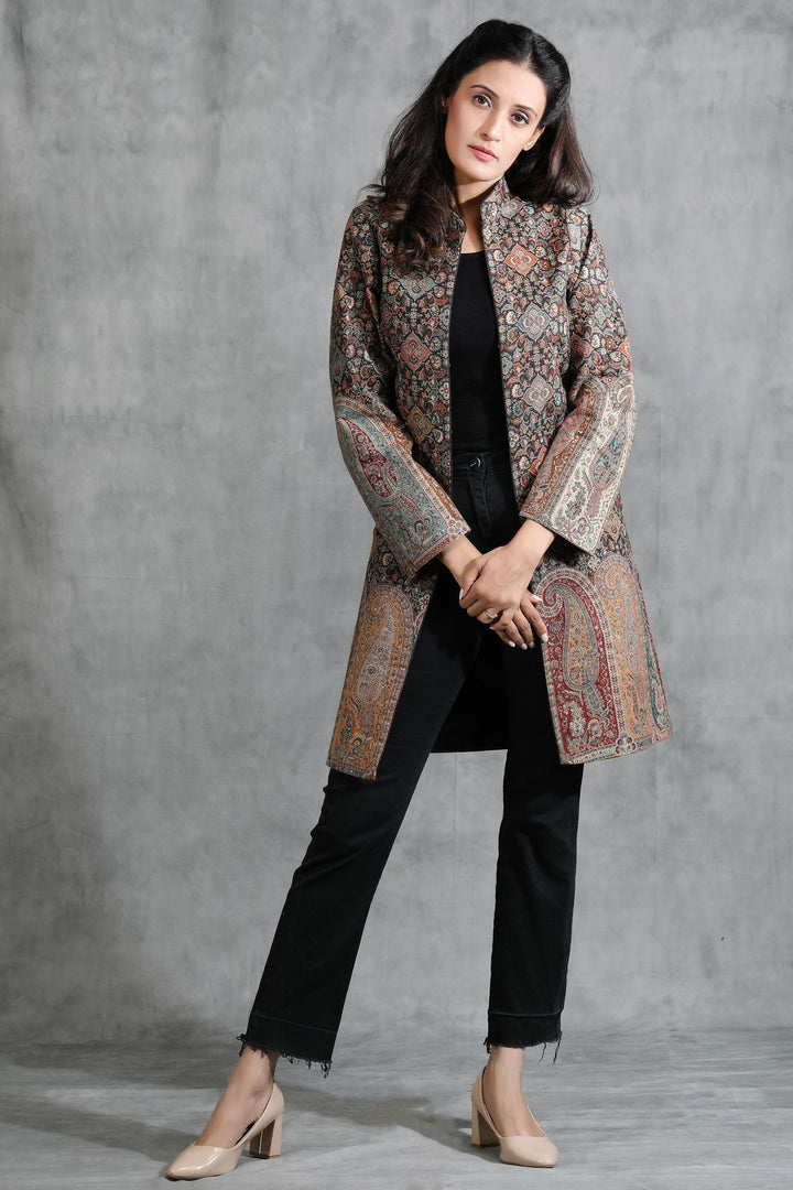 Black Vintage Full Jacket With Paisley Design | SHOBITAM