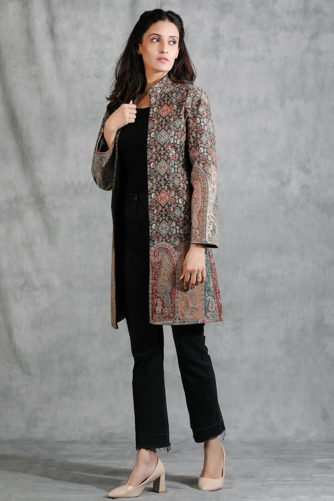 Black Vintage Full Jacket With Paisley Design | SHOBITAM