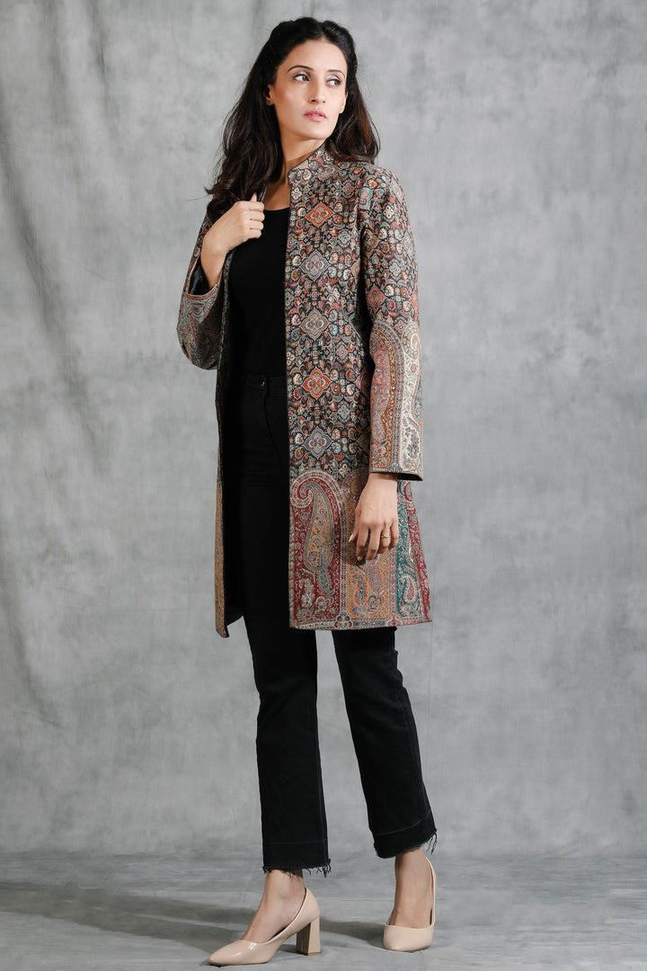 Black Vintage Full Jacket With Paisley Design | SHOBITAM