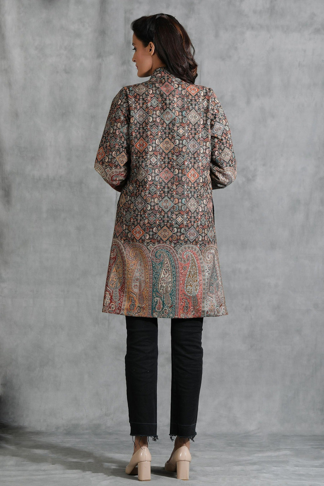 Black Vintage Full Jacket With Paisley Design | SHOBITAM