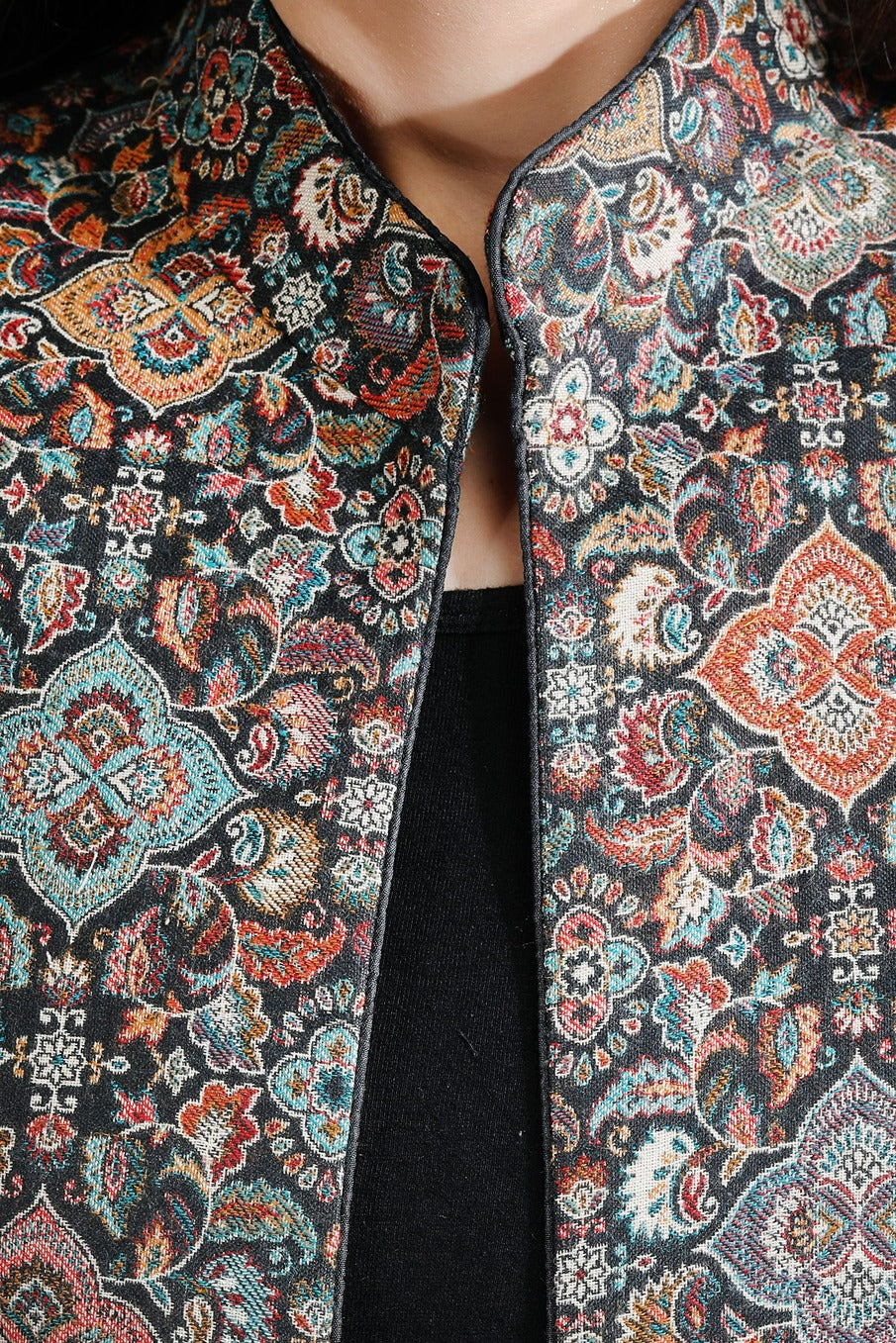 Black Vintage Full Jacket With Paisley Design | SHOBITAM