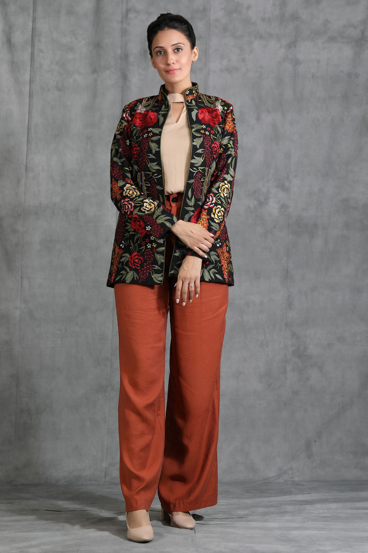 Black Floral Embroidered Jacket | SHOBITAM