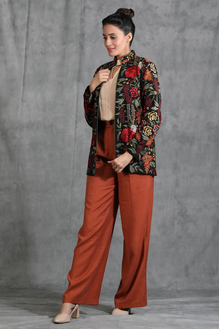Black Floral Embroidered Jacket | SHOBITAM