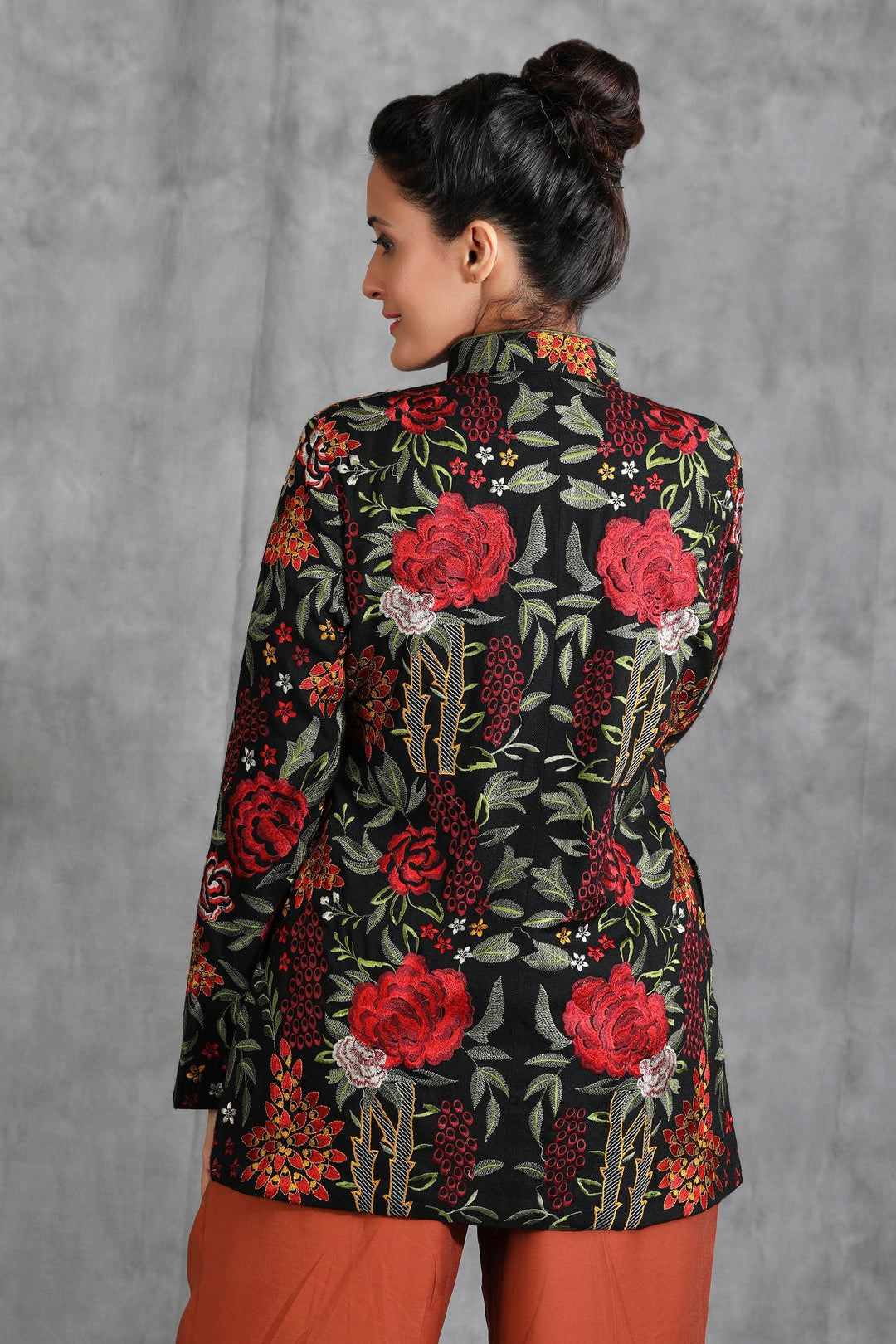 Black Floral Embroidered Jacket | SHOBITAM