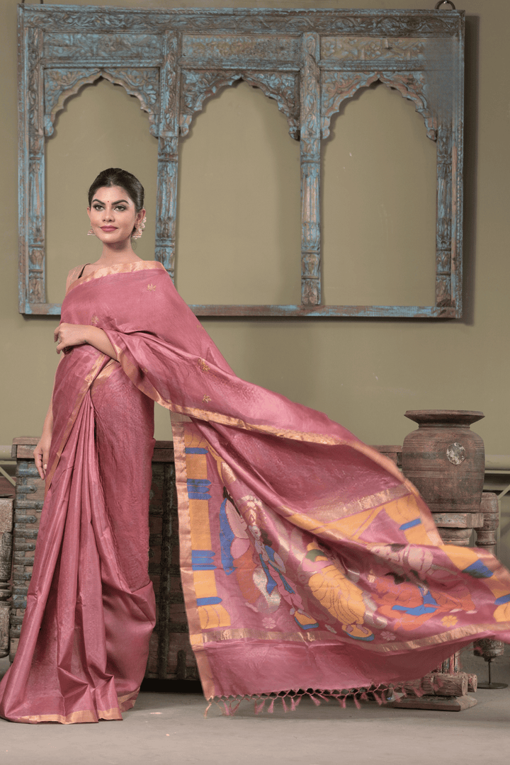 Onion Pink Purushaakriti Ghicha Silk Saree with Handpainted on Pallu and Zari Border | SILK MARK CERTIFIED