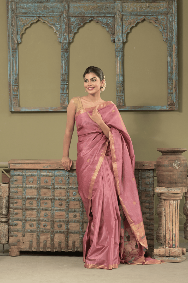 Onion Pink Purushaakriti Ghicha Silk Saree with Handpainted on Pallu and Zari Border | SILK MARK CERTIFIED