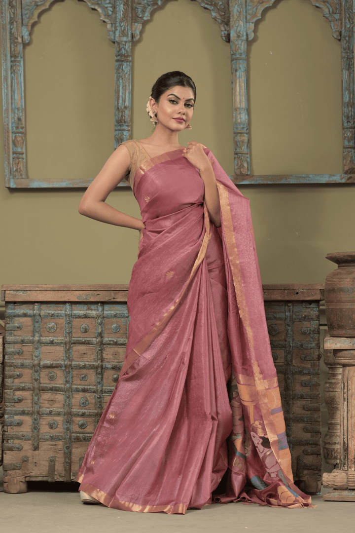 Onion Pink Purushaakriti Ghicha Silk Saree with Handpainted on Pallu and Zari Border | SILK MARK CERTIFIED