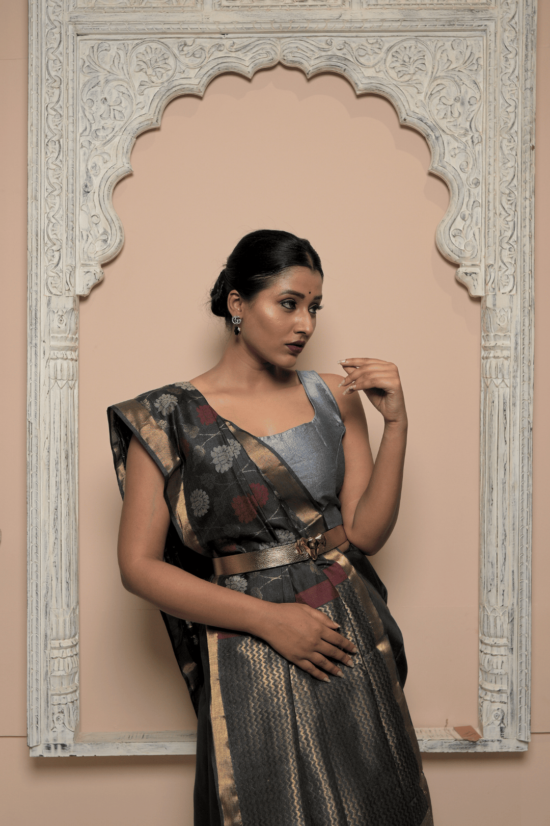 Black Muktakesha Spun Silk Saree with Meenakari Floral Brocade Jaal and Zari Border | SILK MARK CERTIFIED