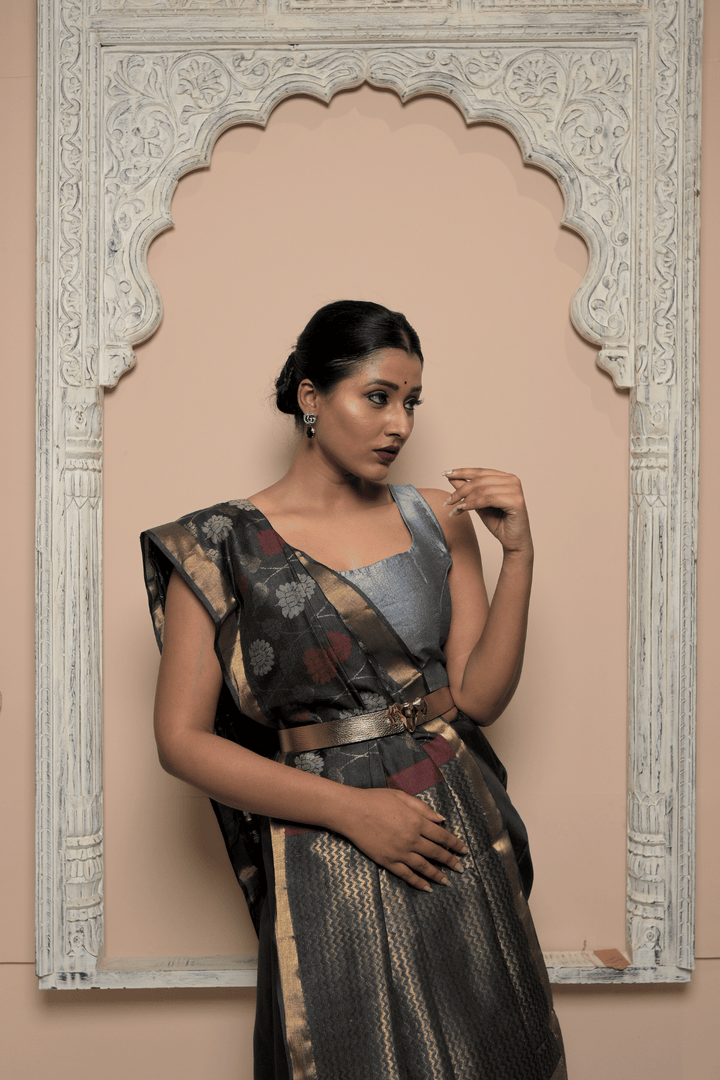 Black Muktakesha Spun Silk Saree with Meenakari Floral Brocade Jaal and Zari Border | SILK MARK CERTIFIED