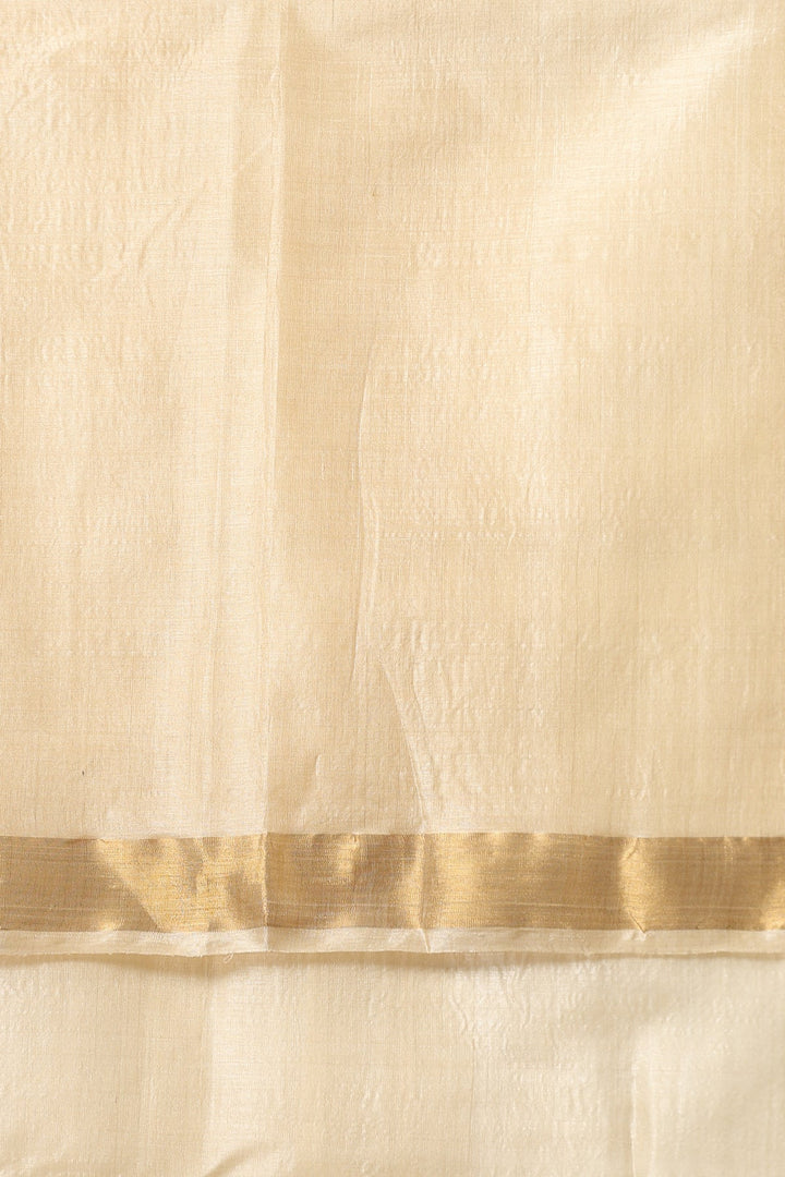 Authentic  Handmade Kosa Silk Saree with Lotus Design Ornate Stripes and Zari Border on Beige | SILK MARK CERTIFIED