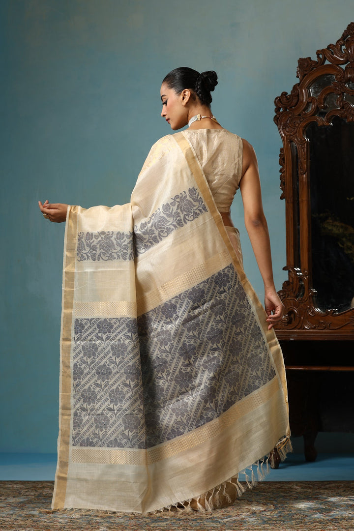 Authentic  Handmade Kosa Silk Saree with Lotus Design Ornate Stripes and Zari Border on Beige | SILK MARK CERTIFIED