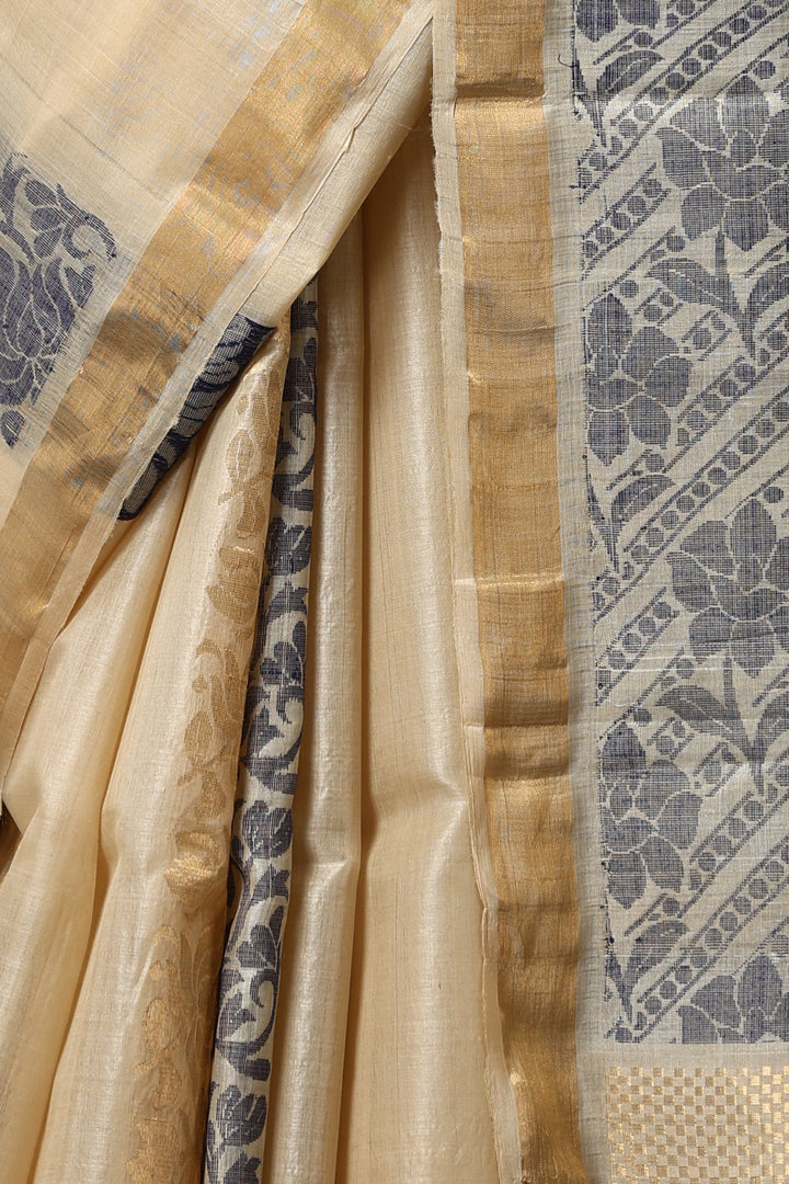 Authentic  Handmade Kosa Silk Saree with Lotus Design Ornate Stripes and Zari Border on Beige | SILK MARK CERTIFIED