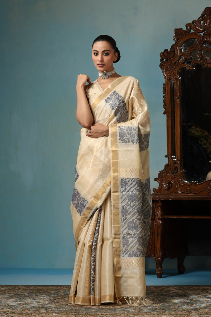 Authentic  Handmade Kosa Silk Saree with Lotus Design Ornate Stripes and Zari Border on Beige | SILK MARK CERTIFIED