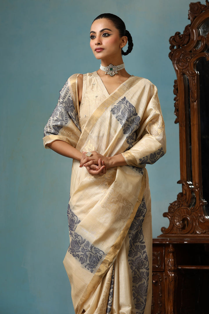 Authentic  Handmade Kosa Silk Saree with Lotus Design Ornate Stripes and Zari Border on Beige | SILK MARK CERTIFIED