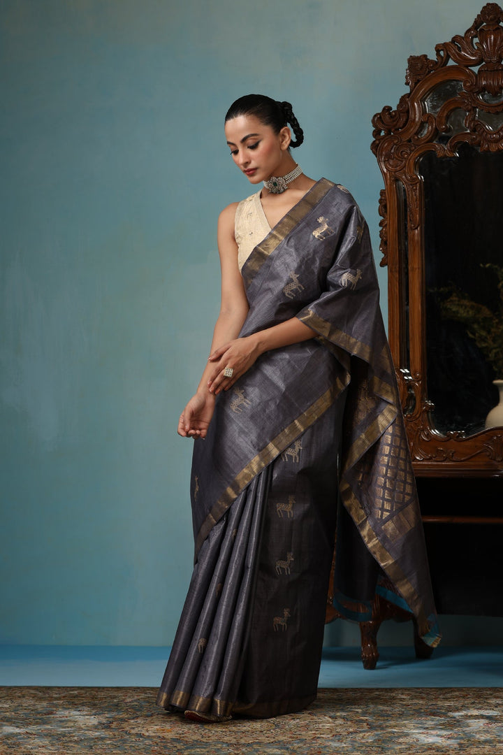 Gray Authentic Handmade Chattisgarhi Kosa Tussar Silk Saree with Hiran Motifs | SILK MARK CERTIFIED