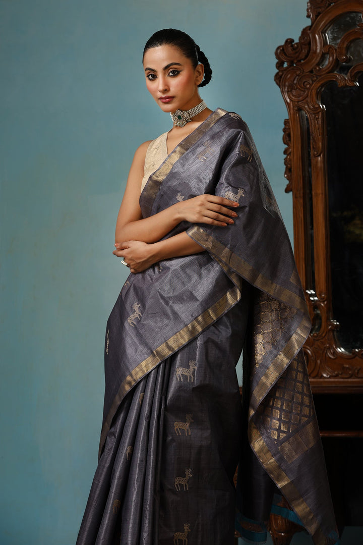 Gray Authentic Handmade Chattisgarhi Kosa Tussar Silk Saree with Hiran Motifs | SILK MARK CERTIFIED