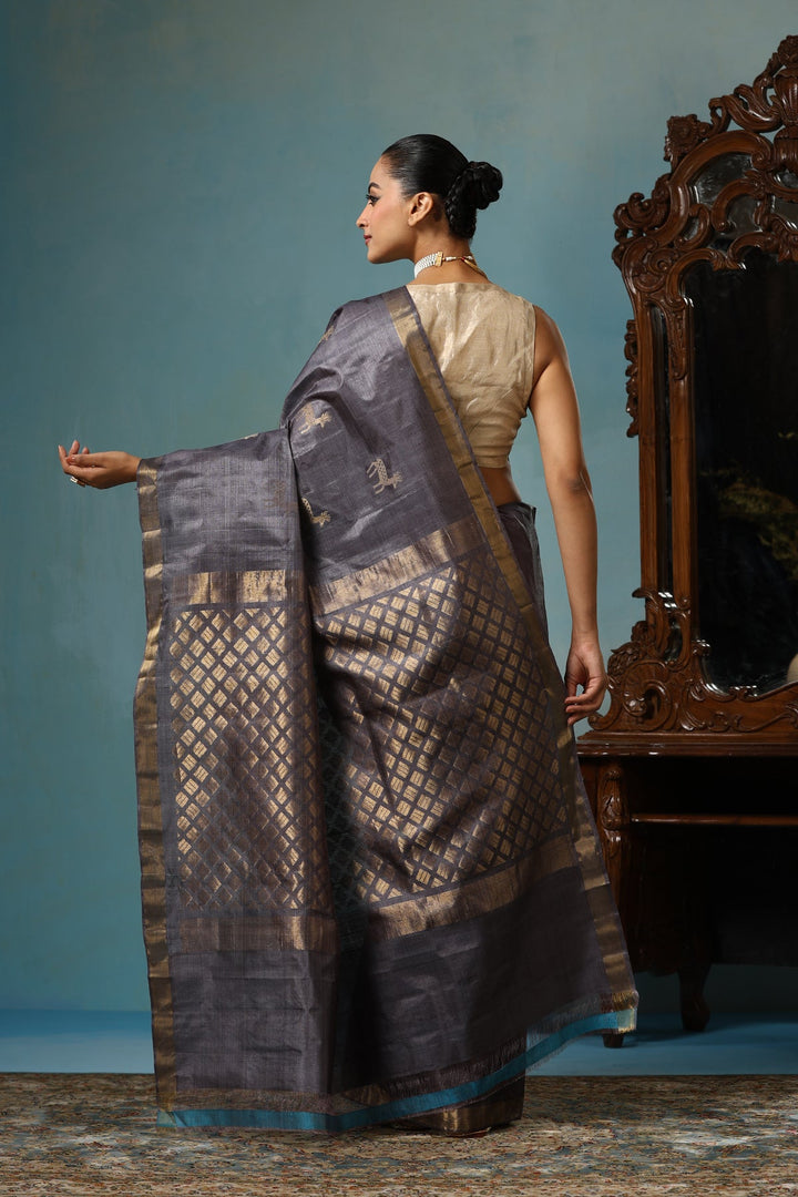 Gray Authentic Handmade Chattisgarhi Kosa Tussar Silk Saree with Hiran Motifs | SILK MARK CERTIFIED