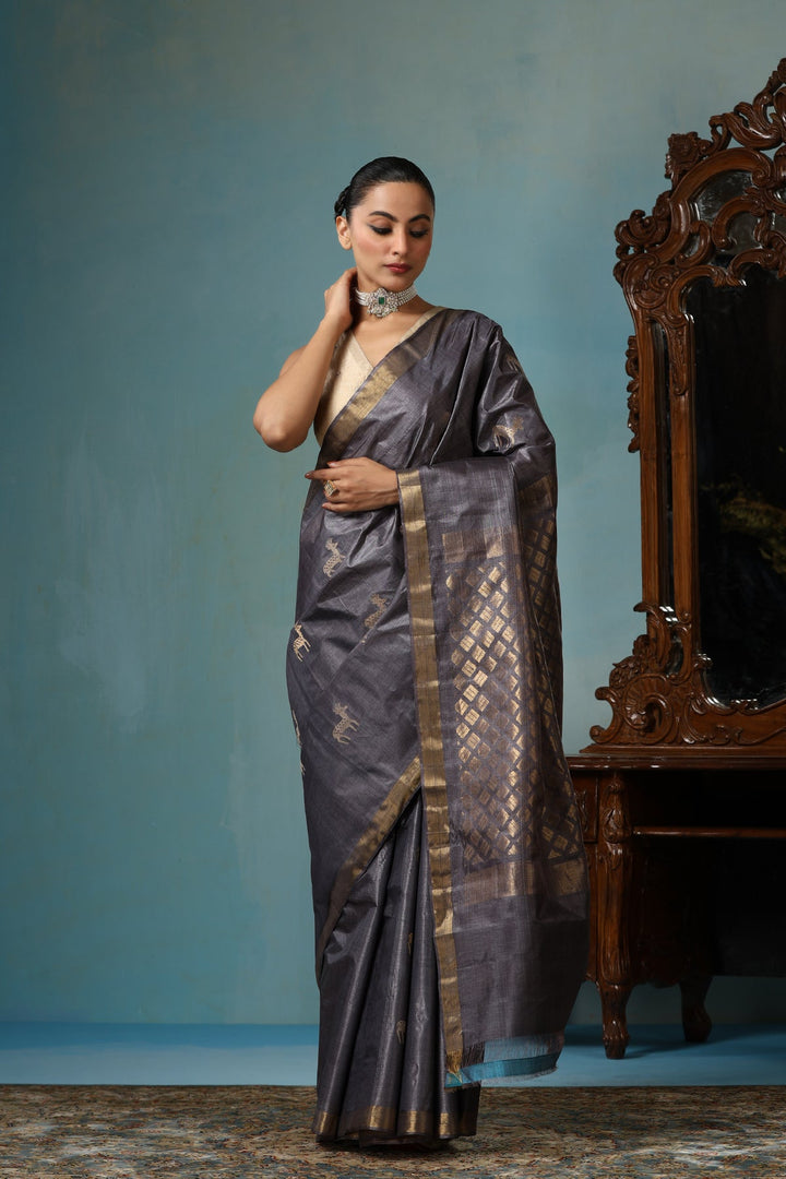 Gray Authentic Handmade Chattisgarhi Kosa Tussar Silk Saree with Hiran Motifs | SILK MARK CERTIFIED