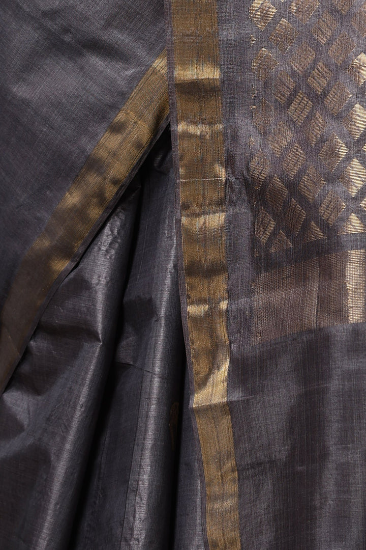 Gray Authentic Handmade Chattisgarhi Kosa Tussar Silk Saree with Hiran Motifs | SILK MARK CERTIFIED
