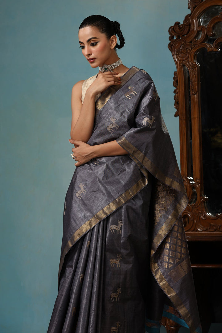 Gray Authentic Handmade Chattisgarhi Kosa Tussar Silk Saree with Hiran Motifs | SILK MARK CERTIFIED