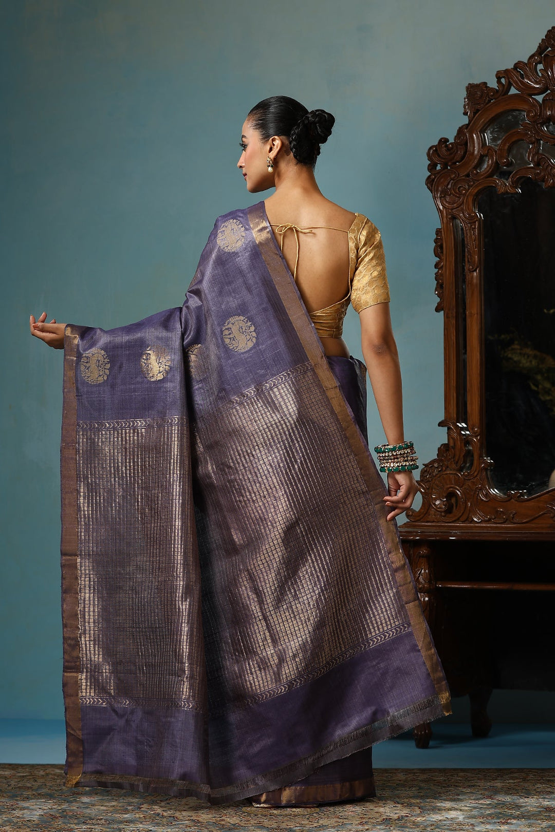 Dusty Amethsyt Chattisgarhi  Kosa Silk Mark Saree with Deer Motifs and Zari Border | SILK MARK CERTIFIED