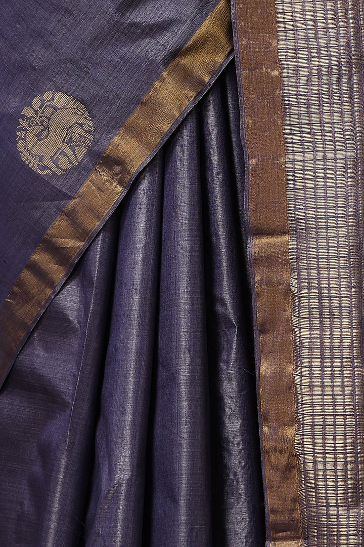 Dusty Amethsyt Chattisgarhi  Kosa Silk Mark Saree with Deer Motifs and Zari Border | SILK MARK CERTIFIED