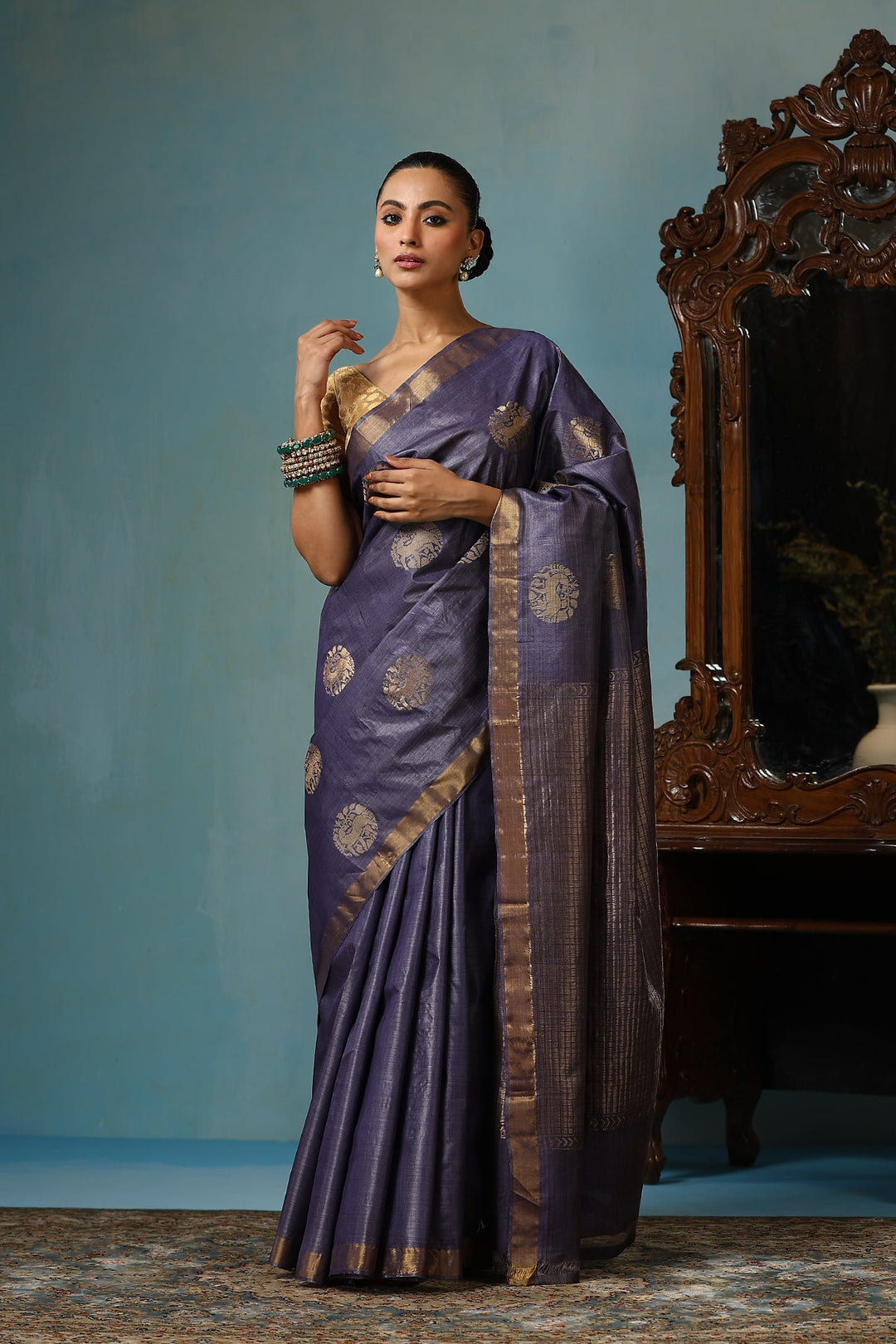 Dusty Amethsyt Chattisgarhi  Kosa Silk Mark Saree with Deer Motifs and Zari Border | SILK MARK CERTIFIED