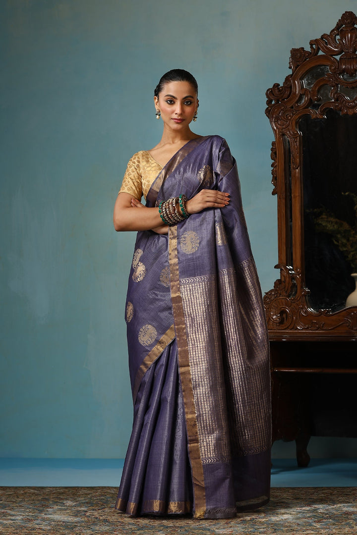 Dusty Amethsyt Chattisgarhi  Kosa Silk Mark Saree with Deer Motifs and Zari Border | SILK MARK CERTIFIED