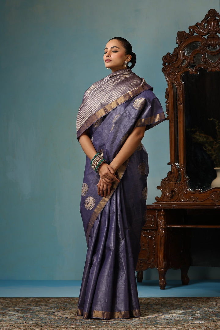 Dusty Amethsyt Chattisgarhi  Kosa Silk Mark Saree with Deer Motifs and Zari Border | SILK MARK CERTIFIED