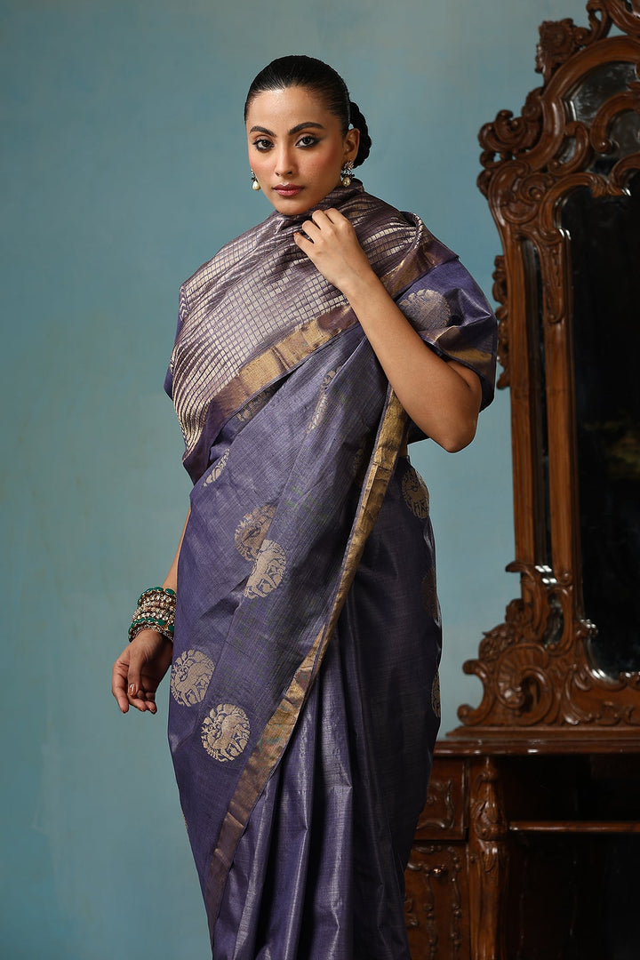 Dusty Amethsyt Chattisgarhi  Kosa Silk Mark Saree with Deer Motifs and Zari Border | SILK MARK CERTIFIED