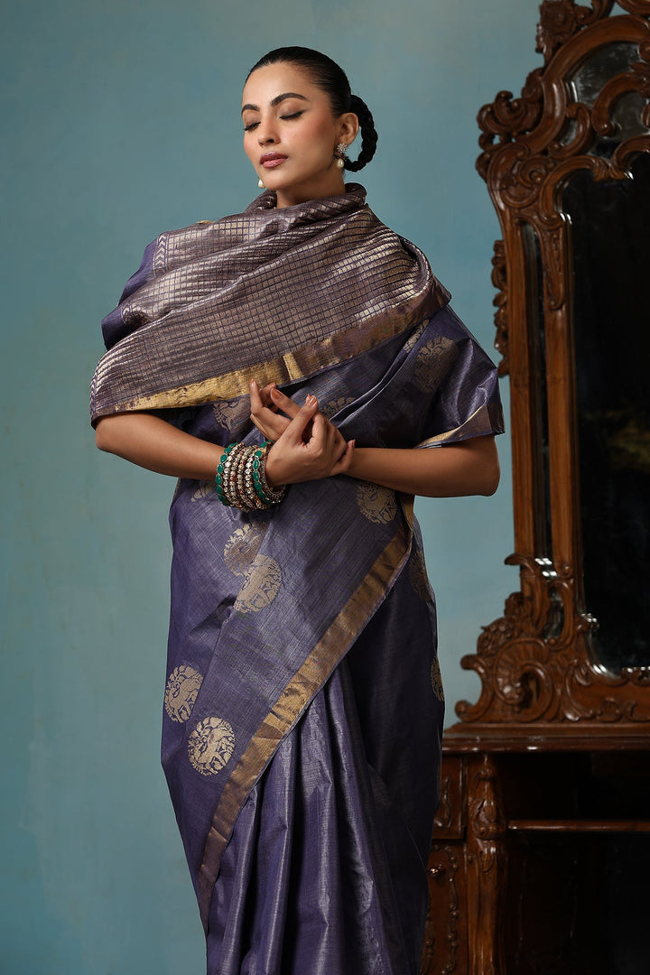 Dusty Amethsyt Chattisgarhi  Kosa Silk Mark Saree with Deer Motifs and Zari Border | SILK MARK CERTIFIED