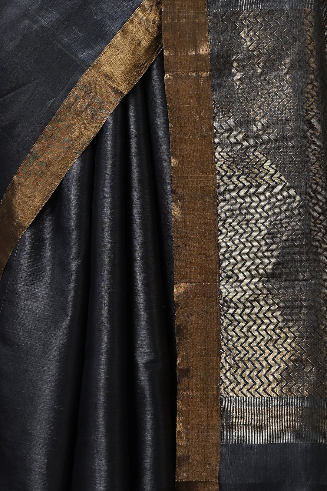 Charcoal Black Pure Chattisgarhi Handwoven  Tussar Silk Saree with Sona Rupa Rose Motifs | SILK MARK CERTIFIED