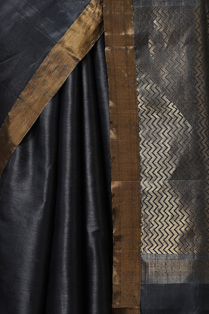 Charcoal Black Pure Chattisgarhi Handwoven  Tussar Silk Saree with Sona Rupa Rose Motifs | SILK MARK CERTIFIED