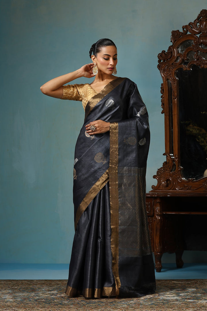 Charcoal Black Pure Chattisgarhi Handwoven  Tussar Silk Saree with Sona Rupa Rose Motifs | SILK MARK CERTIFIED