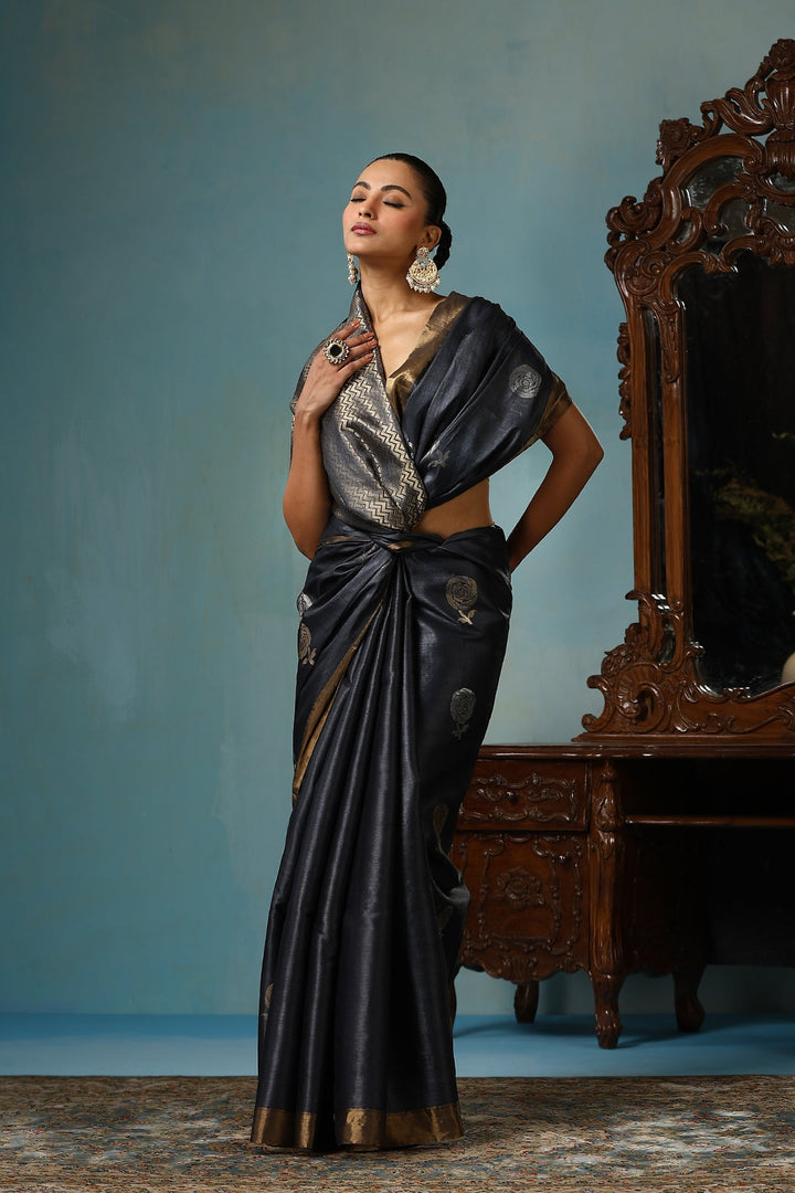 Charcoal Black Pure Chattisgarhi Handwoven  Tussar Silk Saree with Sona Rupa Rose Motifs | SILK MARK CERTIFIED