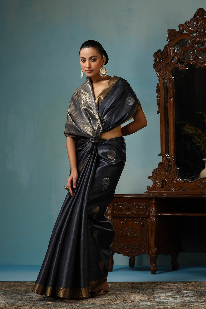Charcoal Black Pure Chattisgarhi Handwoven  Tussar Silk Saree with Sona Rupa Rose Motifs | SILK MARK CERTIFIED