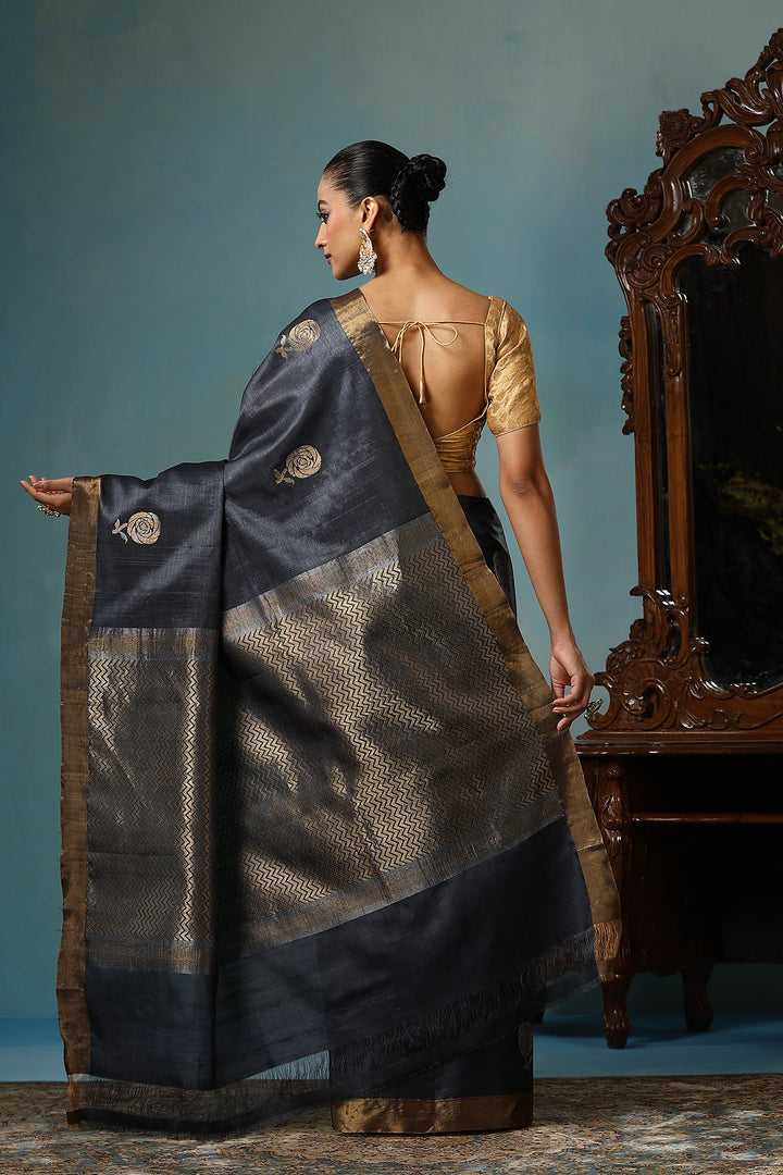 Charcoal Black Pure Chattisgarhi Handwoven  Tussar Silk Saree with Sona Rupa Rose Motifs | SILK MARK CERTIFIED