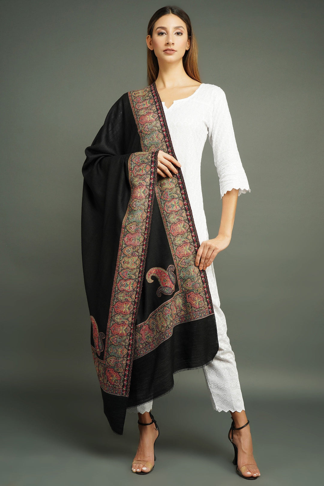 Pashmina Wool In Antique Jamawar Paisley Design 80 by 40", Unisex