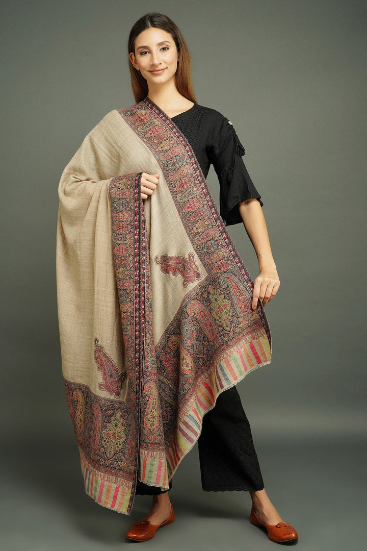 Pashmina Wool In Antique Jamawar Border With Paisley Work 80 by 40", unisex